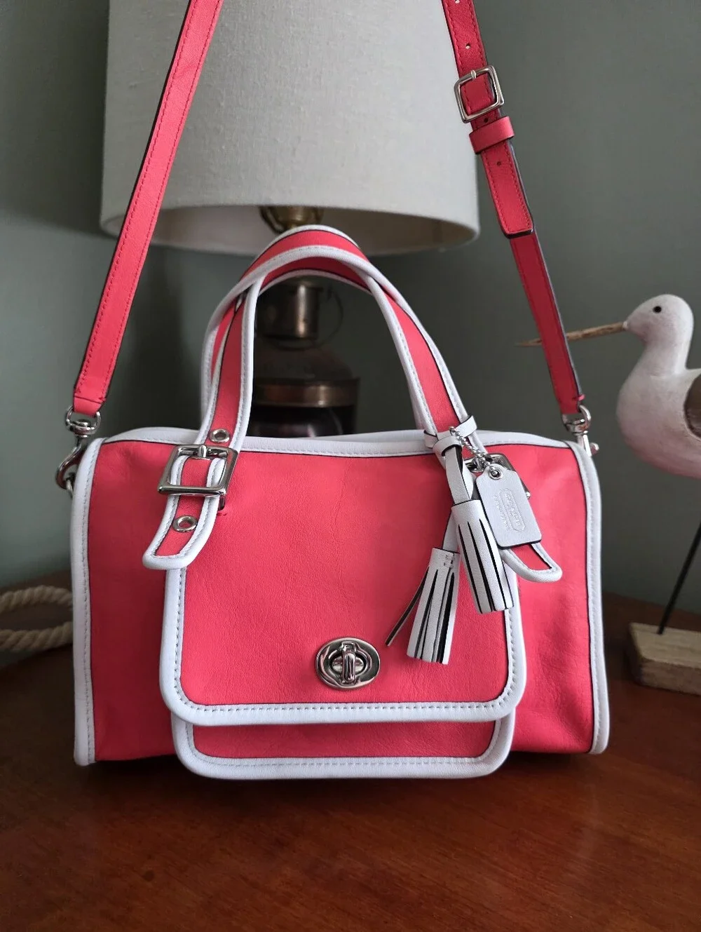 Coach Legacy Archive Turnlock Satchel Watermelon Pink Leather Crossbody Charm